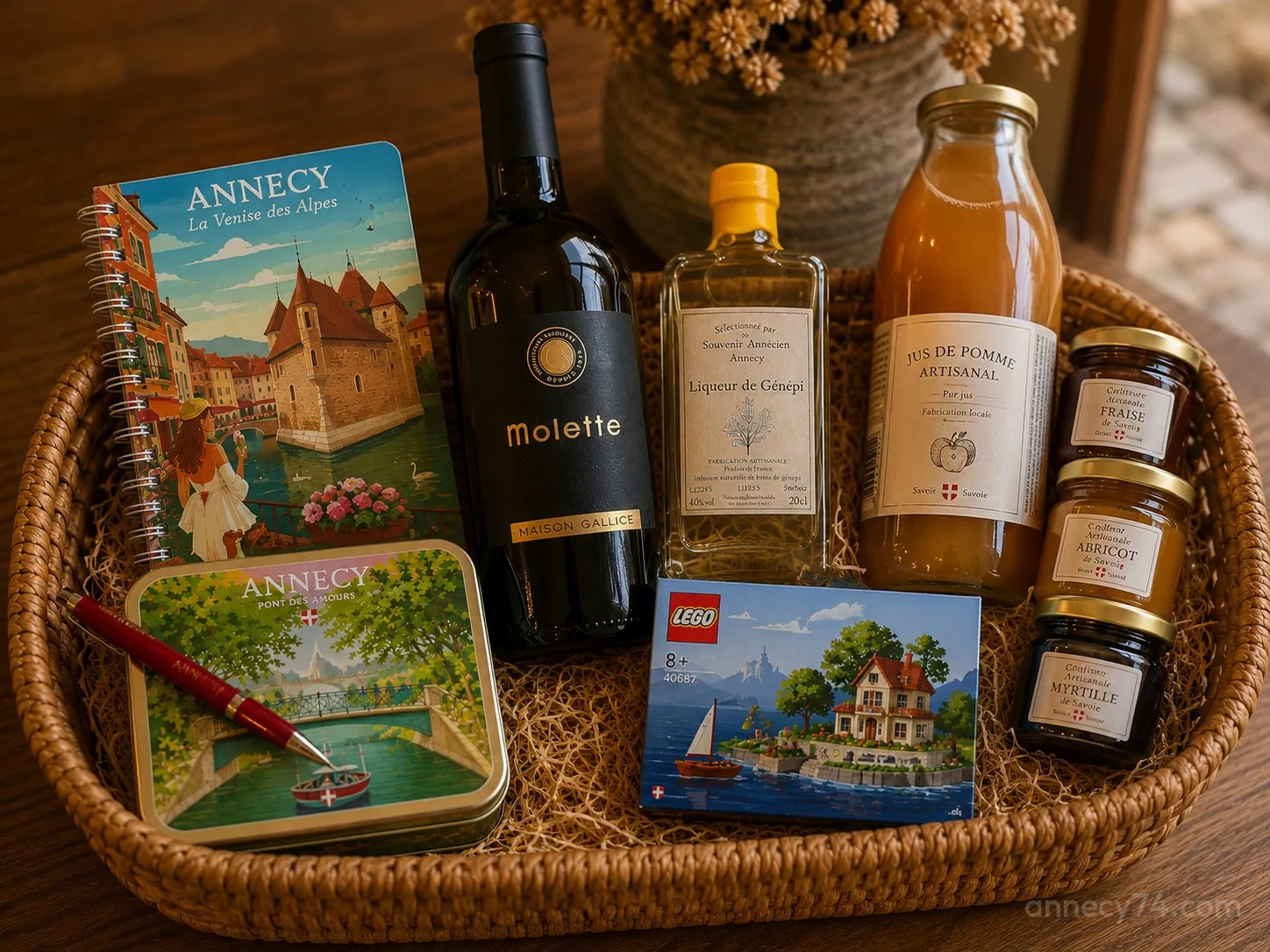 سلة الترحيب من Annecy74: نبيذ من السافوا، مشروب الجينيبي، عصير تفاح حرفي، مربّيات سافوية، دفتر ملاحظات من أنسي ومجموعة Lego للأطفال